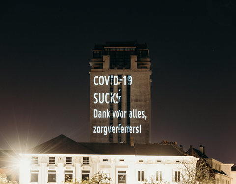 Corona projectie op Boekentoren, slogan 5